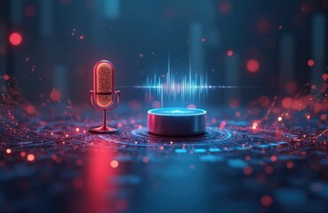 Poster - AI voice support device concept. Microphone with soundwaves. Smart assistant, modern tech product, futuristic design. Voice controlled technology, wireless sound, smart home automation assistance in