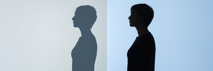 Poster - Silhouette showing dramatic weight loss transformation of a person against a contrasting background. Generative AI