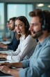 © miss irine - Young woman smiles in call center office, man with headset. Teamwork, corporate environment. Pro support, help service desk, client assistance. Online workplace, business consulting, telecom