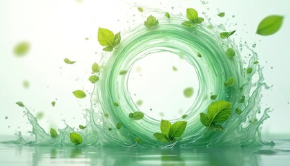 Poster - Illustration of flying mint leaves with abstract wind swirls. Green fresh foliage whirls in air. Transparent background. Realistic swirl vortex wave on reflective surface.