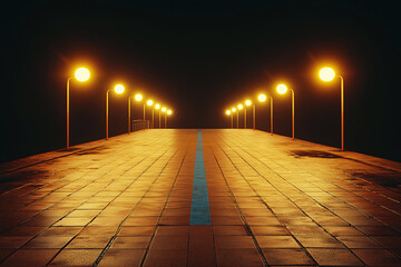 into the unknown: a mysterious pathway illuminated by a string of streetlights stretches out into th