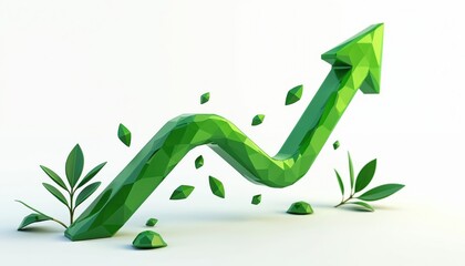 Leinwandbilder - 3D arrow graph illustrates growth, success in business, finance. Green upward direction with leaves, eco concept. Financial chart shows investment, profit, market increase.