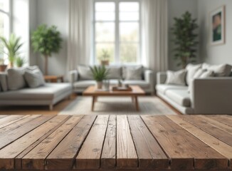 Poster - Wooden table top. Unfocused living room in background for product display or montage. Grey color palette with plants. Interior design. Empty countertop in modern apartment.