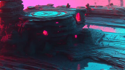 Fototapete - An abstract design with a dark backdrop, adorned with vibrant hexagons in pastel tones and textured fabrics