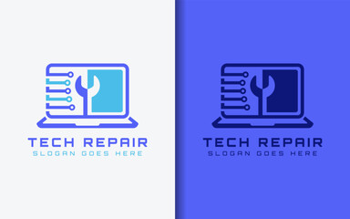 Poster - Tech Repair Logo design. Minimalist Colorful Laptop Shape Combined with Wrench and Tech Element. Usable for Tech Repair, Digital Marketing, and Electronic Services Company.