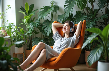 Carefree young woman in headphones relaxes body, mind listening soothing music. Female rests in orange armchair surrounded tropical plants. Exotic indoor garden at home.