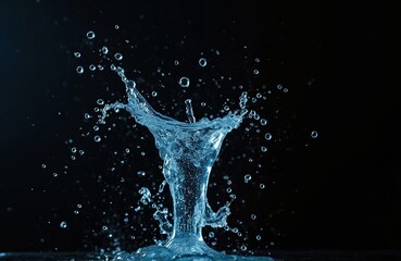 Poster - Water splash with many drops on black background. Blue beverage liquid fountain concept for refreshment, freshness, drink, source, watering, pureness and relaxation.