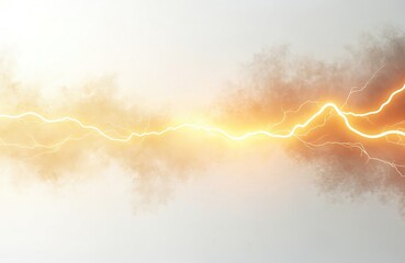 Poster - Close-up shot of bright orange lightning bolt over white background. strikes with crackles over smoky sky, weather phenomena, storm electricity discharge flash.
