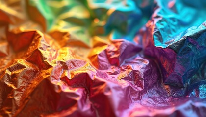 Poster - Vibrant crinkled foil texture with colorful light reflections. Shiny crumpled iridescent metallic surface. Holographic bright rainbow colors. Vivid colors shimmer aglow. Creative kaleidoscope pattern.