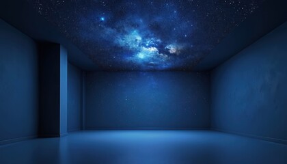 Poster - Illustration of room featuring celestial ceiling with starfield. Ideal for astronomy, space-themed designs. Dark blue walls, night sky with cosmos, stars on horizon. Perfect astrology background.