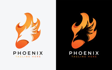 Poster - Fire Phoenix Logo Design. Burning Fire Combined with Phoenix Head Silhouette.