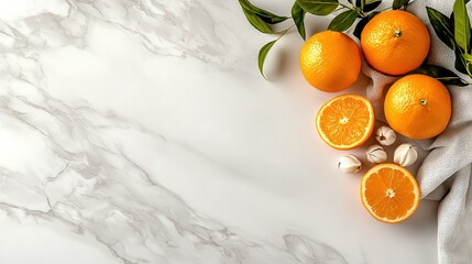 Wall Mural -   Oranges on white counter with garlic and leafy branch