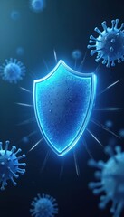 Poster - 3D illustration presents immune system shield protects from virus. Blue glowing antivirus defense reflects healthcare, medicine, science, biology themes, safety from disease pandemic.