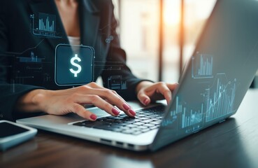 Poster - Businesswoman types on laptop with dollar sign graphic overlay. Corporate finance analysis, budget planning. Cost reduction, savings, financial strategy and profit optimization.