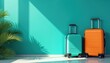 © miss irine - Two colorful suitcases, turquoise and orange, near vibrant turquoise wall. Stylish travel baggage symbolizes adventure, journey readiness. Palm tree leaf adds vacation vibe.