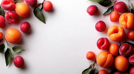 Wall Mural -   A collection of juicy peaches and apricots surrounded by lush greenery against a crisp white backdrop, with ample space to add your desired text