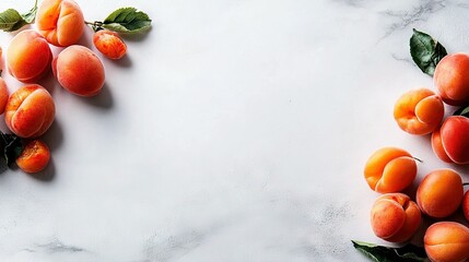 Wall Mural -   A collection of peaches perched atop a pristine white countertop alongside an emerald leafy sprig