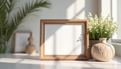 Wall Mural - Empty wooden frame on table with decorative vase and plants