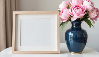 Wall Mural - Empty picture frame with pink peony flowers in vase