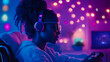 © sommersby - Concept: Immersive Gaming Session. Purpose: Promotion for game or peripherals. Young woman with headset and glasses plays a game in a neon-lit room