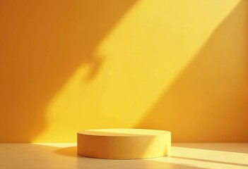 Aufkleber - Summer sunny abstract background for cosmetic presentation. Yellow studio room with podium and plant shadow on wall. Orange minimal cement platform scene mockup.