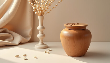 Wall Mural - Ceramic urn with wooden lid on a minimalistic background