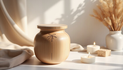 Wall Mural - Elegant wooden jar with plant design on a sunlit table