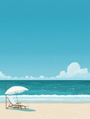 Aufkleber - Escape to paradise with a lounge chair and umbrella on a serene beach with gentle rolling waves under a brilliant blue sky. Generative AI