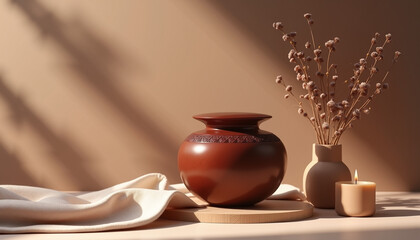 Wall Mural - Decorative pottery with candle and dried flowers on soft fabric