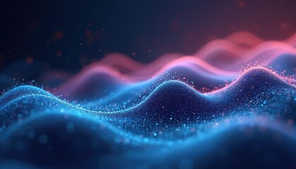 Poster - Futuristic abstract background with glowing blue and pink digital waves made of dots. High-detail visual shows ultra-realistic sound waves, data flow concepts. Gradient illustration.