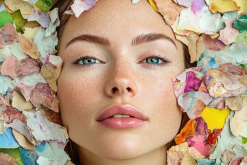 Wall Mural - A close-up portrait of a woman with blue eyes and freckles, framed by vibrant, torn paper pieces.