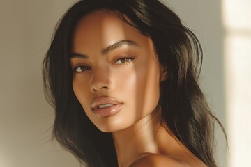 Wall Mural - A close-up portrait of a woman with long, dark hair and glowing skin, softly lit by natural light.