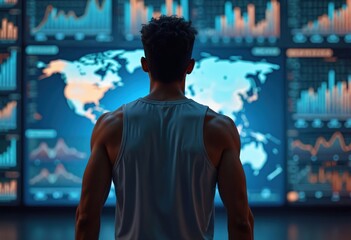 Poster - athletic man analyzes sports data using ai. athlete optimizes training and enhances performance with