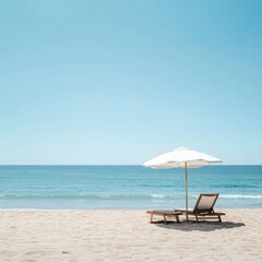 Aufkleber - Relax in a minimalistic beach setting with a lounge chair and umbrella overlooking calm ocean waves under a clear blue sky. Generative AI