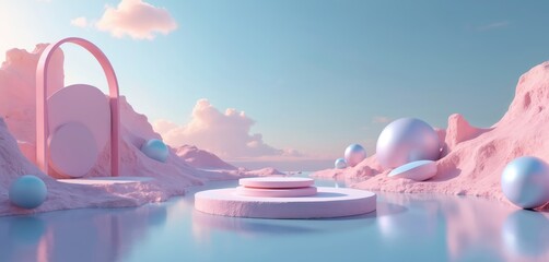 Poster - surreal pastel landscape with podium for product display. colorful dune scene with copy space. 3d re