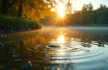 Wall Mural - Golden ripples spreading on calm pond water surface. Sun light reflects in lake, creating bokeh. Concept of serenity, peace, meditation, relaxation at sunset, dawn, summer.