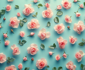 Wall Mural - Delicate Pink Roses Pattern on Teal Background