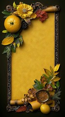 Wall Mural -   Picture Frame with Oranges, Flowers, Leaves, and Pipe on Yellow Background with Black Border