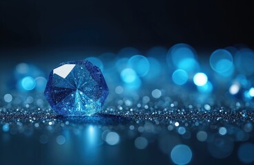 Poster - Sparkling blue crystal on glitter background. Luxury elegant modern abstract with bokeh effect for product placement and advertising of jewelry. Shiny gem with blurred lights.