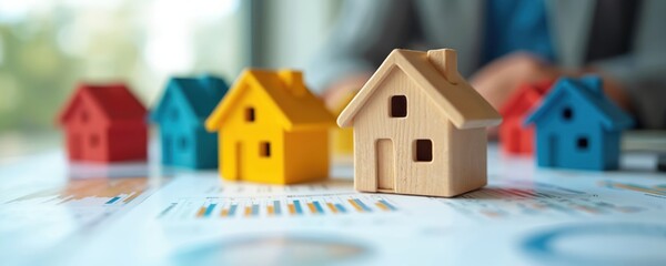 Fototapete - Colorful wooden houses stand on financial reports charts. Real estate market analysis. Home investment planning, mortgage rates evaluation. Property value assessment, buying or selling strategy.