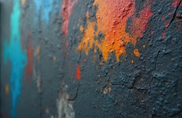 Poster - Close-up of wall featuring vivid paint art. Wall texture displays blue, orange, red, grey colors. Creative design with decorative elements for home interior.