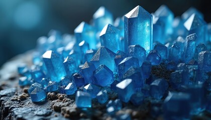 Close up of blue crystal mineral stones. Macro photo shows shiny gemstone texture, geology rock collection pattern. Gem sparkling, beautiful background with facets for jewellery design.