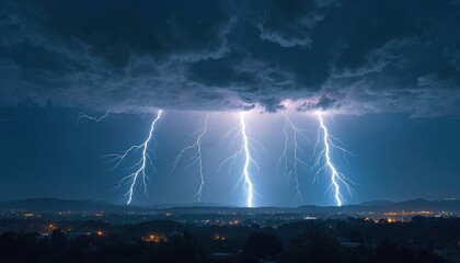 Poster - Dramatic thunderstorm with lightning strikes over city skyline at night. Blue sky, dark clouds, over cityscape, skyline. Lightning illuminates buildings. Dangerous climate energy weather event.