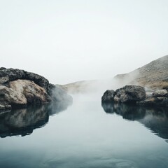 Poster - Serene hot spring surrounded by rocky edges with steam rising in a tranquil landscape. Generative AI