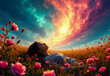 © Gianpiero - Peaceful scene featuring a woman relaxing in a floral field under a colorful, dynamic sunset.