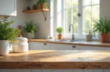 Rustic wooden countertop in modern kitchen with plants, window. Interior with bright white walls for product display, food presentation, objects placement. Empty blank surface for advertisement.