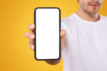 Wall Mural - Trendy Mobile Phone. Closeup of bearded male holding smartphone with white empty screen in hand, showing device close to camera. Gadget with blank space, mock up, selective focus, blurred background