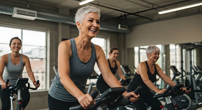 sonriente, feliz, saludable y delgada mujer mayor con cabello gris practicando deportes en interiore