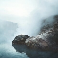 Poster - Serene hot spring with steam rising above rocky edges in a tranquil natural setting during early morning hours. Generative AI