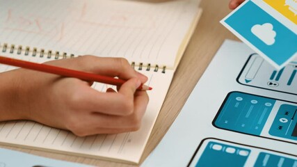 Poster - startup company employee planning for user interface prototype for mobile application or website in 